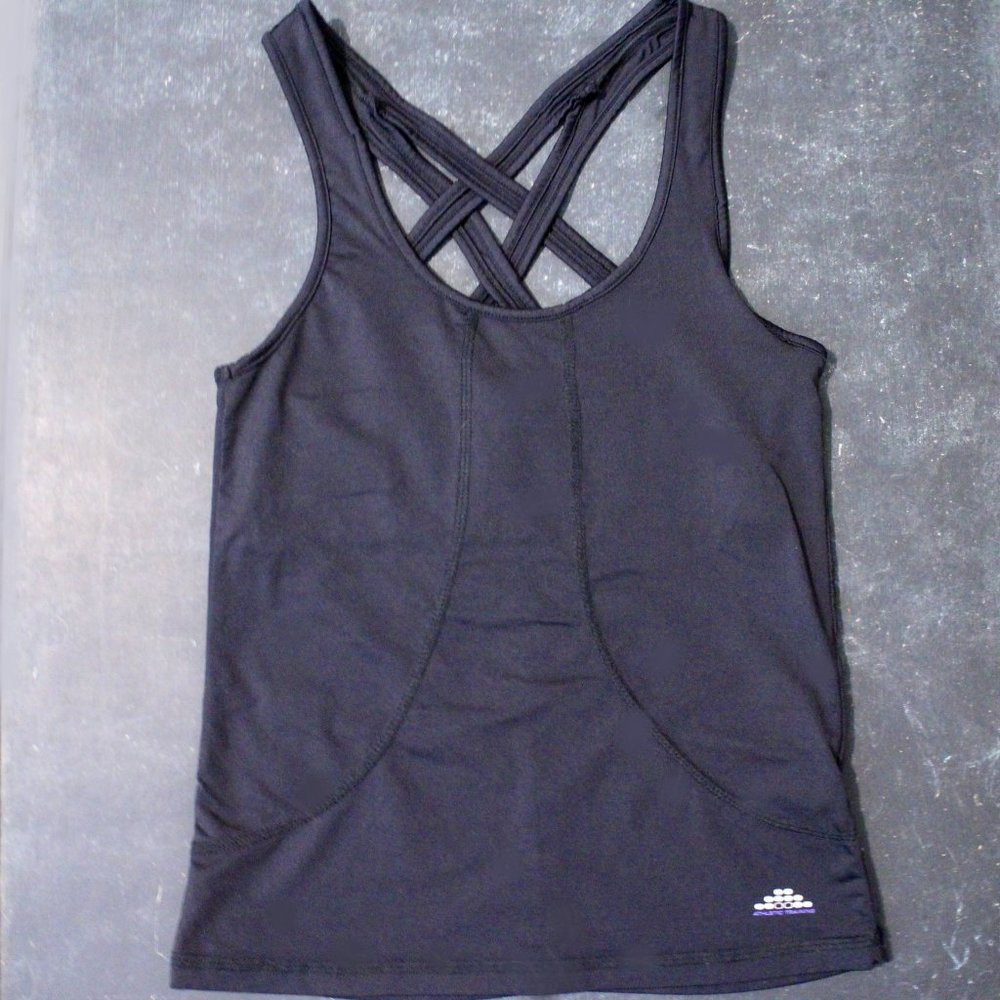 H&M BLACK CROSS STRAP TANK, SIZE XS, LINER BRA, WORKOUT, EXERCISE TANK